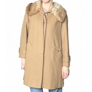Vintage 70s Sears Women’s Tan Wool Peacoat Real Fur Collar Button Closure S/M